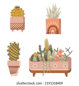 Boho Ceramic Cactus Pots Vector Isolated Elements Set