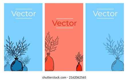 Boho ceramic vase composition sketch vector set of illustrations. Home interior decor hand drawn vertical background. Botanical branches banner