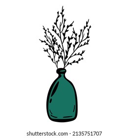Boho ceramic vase with dry branches vector element. Home interior decor sketch illustration. Hand drawn botanical icon.