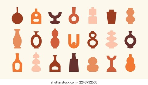 Boho ceramic vases set. Minimal pottery icons for logo, posters, social media, bowl amphora jar silhouette shapes. Vector illustration