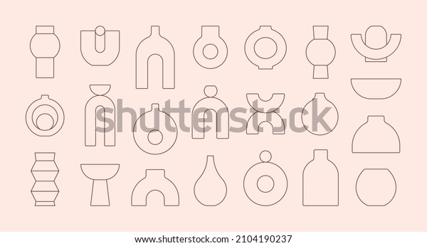 Boho Ceramic Vases in Trendy
Minimalist Liner Style. Vector Pottery Icons for Creating Logo,
Postcard, Posters, Invitation, Social Media Posts and
Stories