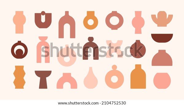 Boho Ceramic Vases in Trendy Minimalist
Style. Vector Pottery Icons for Creating Logo, Postcard, Posters,
Invitation, Social Media Posts and
Stories