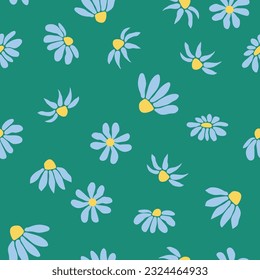 Boho Chamomile vintage seamless pattern. Hippie flower power retro textile print, groovy botanical wallpaper.