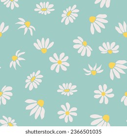 Boho Chamomile vintage seamless pattern. Hippie flower power retro textile print, groovy botanical wallpaper.