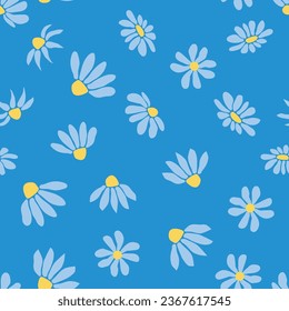 Boho Chamomile vintage seamless pattern. Hippie flower power retro textile print, groovy botanical wallpaper.