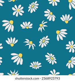 Boho Chamomile vintage seamless pattern. Hippie flower power retro textile print, groovy botanical wallpaper.