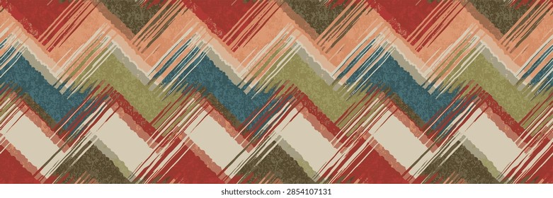 Boho chevron zigzag seamless vector pattern, textured Southwestern wave stripe background in rust, mustard, and teal for bohemian home decor and textiles