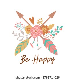 Boho chic arrow with floral bouquet. Ethnic arrow Hand drawn bohemian flowers, feathers. Tribal element.