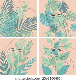 Boho Chic Backgrounds with Elegant Line Art Portraits Minimalist Tropical Leaf Designs and Feminine Faces on Warm, Earthy