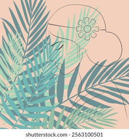 Boho Chic Backgrounds with Elegant Line Art Portraits Minimalist Tropical Leaf Designs and Feminine Faces on Warm, Earthy