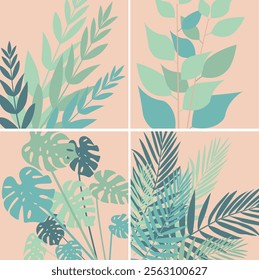 Boho Chic Backgrounds: Minimalist Tropical Leaf Designs with Monstera and Palm Leaves on Warm, Earthy