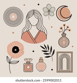 Boho chic clip-art set featuring a faceless woman, floral elements, perfume bottles, moon, and abstract decor in earthy tones. Perfect for beauty, fashion, feminine branding, and aesthetic projects.
