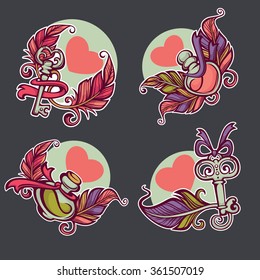 Boho chic, collection of vector valentines badges and emblems