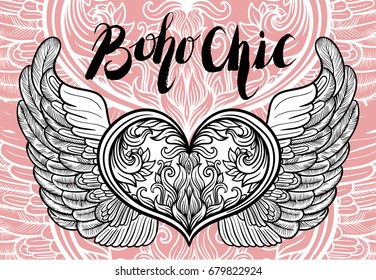 Boho chic decorative beautiful background filigree with feathers on wings and hearts. Great for web design invitations,corporate identity creation.Gipsy love line art style.Handcrafted Folk art.