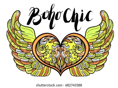 Boho chic decorative beautiful background filigree with feathers on wings and hearts. Great for web design invitations,corporate identity creation.Gipsy love line art style.Handcrafted Folk art.