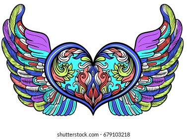 Boho chic decorative beautiful backgrounds filigree detail with feathers on wings and hearts.Great for web design,invitations, corporate identity creation.Gipsy love line art style.Handcrafted Folk