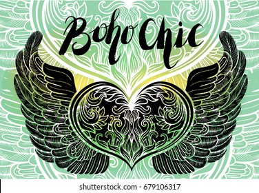 Boho chic decorative beautiful backgrounds filigree with feathers on wings and hearts.Great for web design,invitations,corporate identity creation.Gipsy love line art style.Handcrafted Folk art.
