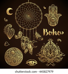 Boho chic dreamcatcher illustration set. Hindu paisley motifs. Gold spirituality, prints, ornamental floral elements with henna design, golden stickers, flash temporary tattoo,  cards and prints.