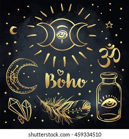 Boho chic dreamcatcher illustration set. Hindu paisley motifs. Gold spirituality, prints, ornamental floral elements with henna design, golden stickers, flash temporary tattoo, cards and prints.