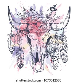 Boho chic, ethnic, native american or mexican bull skull with feathers on horns. Tribal hand drawn vector illustration. Poster, postcard, invitation design