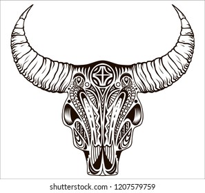 Boho chic, ethnic, native american or mexican bull skull with feathers on horns. Tribal hand drawn vector illustration