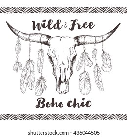 boho chic, ethnic, native american or mexican bull skull with feathers on horns and traditional ornament; tribal hand drawn vector illustration in sketch style; poster, postcard, invitation design