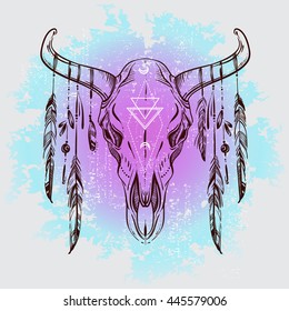 Boho Chic, Ethnic, Native American Bull Skull with Feathers on horns; Hand Drawn Sketch Vector Illustration; Bohemian Poster, Postcard, Invitation design in violet and blue colors