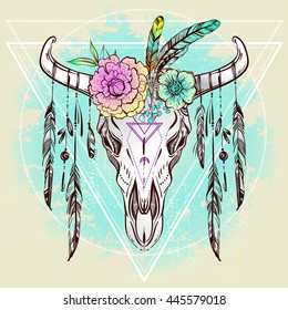 Boho Chic, Ethnic, Native American Bull Skull with Feathers and Boho flowers on horns; Trendy Vintage style Illustration. Dark romance, philosophy, spirituality, occultism, alchemy, magic, love.