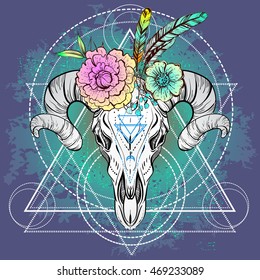 Boho Chic, Ethnic, Native American Bull Skull with Boho flowers on horns; Sacred geometry. Trendy Vintage style Illustration. Dark romance, philosophy, spirituality, occultism, alchemy, magic, love.