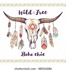 boho chic, ethnic, native american or mexican bull skull with feathers on horns and traditional ornament; tribal hand drawn vector illustration in sketch style; poster, postcard, invitation design