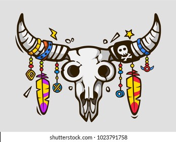 Boho chic. Ethnic tattoo style. Native american or mexican bull skull with feathers on horns. Vector illustration