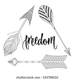 Boho chic ethnic triangle dreamcatcher with Arrows, freedom calligraphy.American native hipster style, zentangle illustration for adult coloring page, art therapy, t-shirt tribal print. Tattoo design.