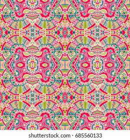 Boho chic fashion abstract multicolor ornamental hand drawn doodle seamless pattern. Colorful bohemian hipster backdrop in tribal style. Endless texture. Ethnic design wallpaper. Vector illustration