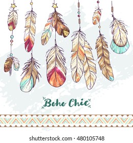 Boho chic feathers and decoration with hand drawn ornament; colorful sketch illustration in bohemian style; native ethnic elements on white background; hipster poster or postcard