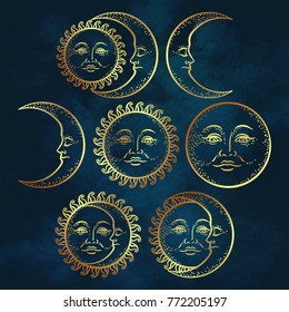 Boho chic flash tattoo design hand drawn art gold sun and crescent moon set. Antique style design vector illustration.