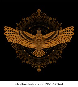 Boho chic. Floral mandala with flying bird. To be use for print t shirt. Baroque style. Indian illustration.