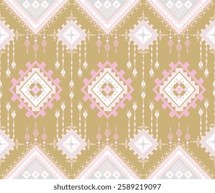 Boho Chic Geometric Pattern in Pink, Gold, and White | Seamless Textile Design, Pink and Gold Abstract Pattern | Modern Bohemian Textile Design, Seamless Geometric Pattern for Fabric, Wallpaper