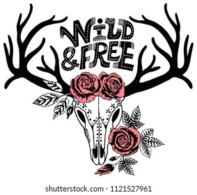 boho chic. Hand drawn reindeer skull with antlers and roses. Hipster tattoo design. Vector ink illustration isolated on white. Boho, grunge, rustic style. Prints, posters, t-shirts and textiles