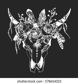 Boho chic image Fashion illustration Wild skull with flowers Boho style For t-shirt, invitation, posters