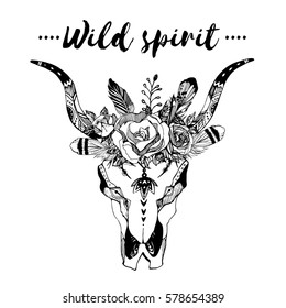 Boho chic image Fashion illustration Wild skull with flowers Boho style For t-shirt, invitation, posters