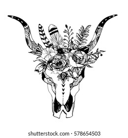 Boho chic image Fashion illustration Wild skull with flowers Boho style For t-shirt, invitation, posters