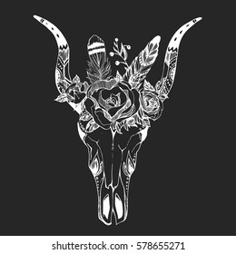 Boho chic image Fashion illustration Wild skull with flowers Boho style For t-shirt, invitation, posters