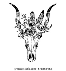 Boho chic image Fashion illustration Wild skull with flowers Boho style For t-shirt, invitation, posters