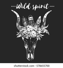 Boho chic image Fashion illustration Wild skull with flowers Boho style For t-shirt, invitation, posters