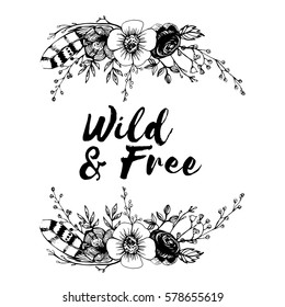 Boho chic image Flowers, roses, feathers Fashion illustration Boho style For t-shirt, invitation, posters