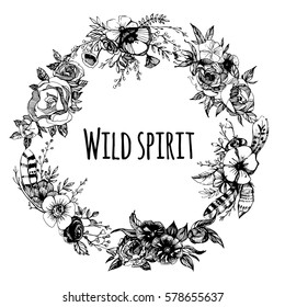 Boho chic image Frame, wreath Fashion illustration Boho style For t-shirt, invitation, posters