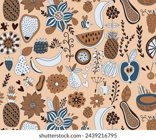 Patrón de impresión boho chic con hojas de frutas Floral Vector