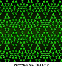 Boho chic seamless pattern with ethnic aztec ornament. Made in low poly triangular style. Emerald gemstone imitation.