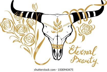 Fondo de estilo chic. Ilustración étnica del cráneo de toro con rosas de oro y cinta. vector dibujado a mano en estilo de esbozo para diseño de póster, postal o de pantalones T