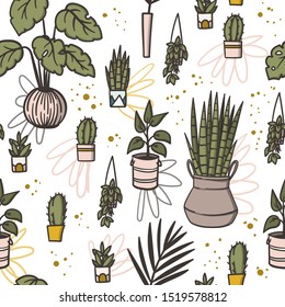 Boho chic style house plant decor doodle style hand drawn seamless pattern. Stock vector